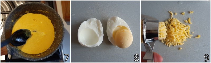 c. desmenuzar la yema de huevo cocida usando un aplastador de ajos