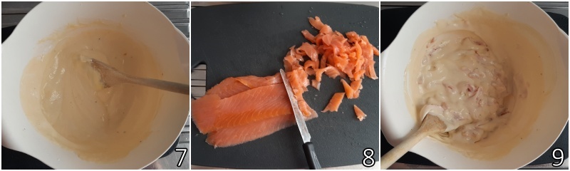 c. unir el salmón ahumado a la crema de ricotta y huevos