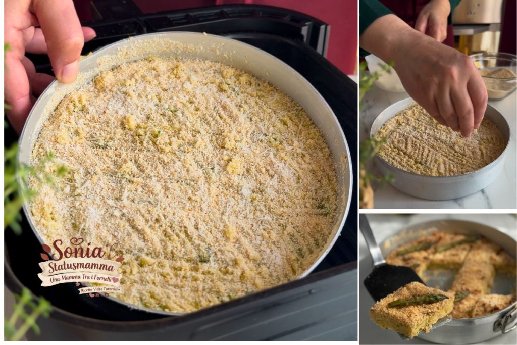 cocción y decoración de la superficie del pastel de espárragos en freidora de aire con un tenedor