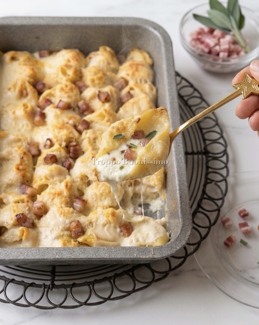 Conchiglioni rellenos de ricotta y panceta crujiente al horno