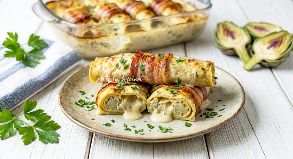 CREPES de ALCACHOFAS con bechamel y panceta