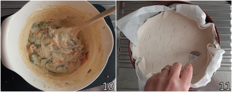 d. añadir los calabacines al relleno y pinchar el rollo de masa brisée