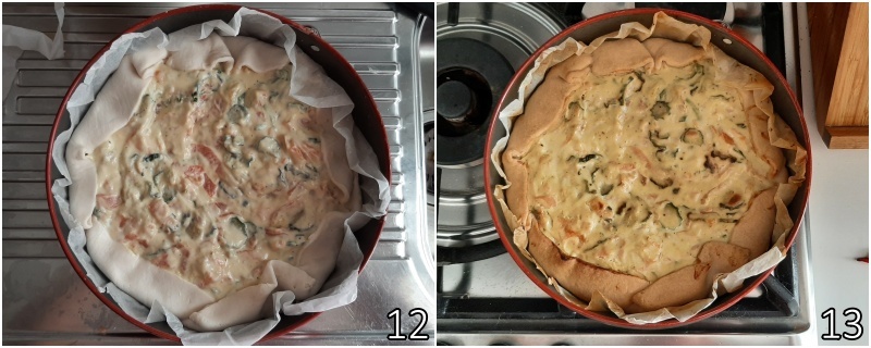 e. hornear la tarta salada con salmón y calabacín hasta que esté dorada