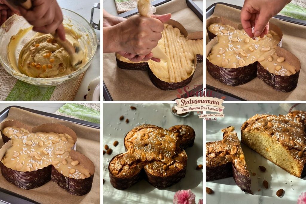 Extensión de la cobertura densa de almendra con manga pastelera sobre la masa de colomba rápida en el molde