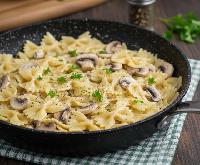 Farfalle con crema de parmesano y champiñones