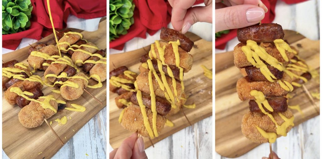 Brochetas de croquetas y salchicha en freidora de aire