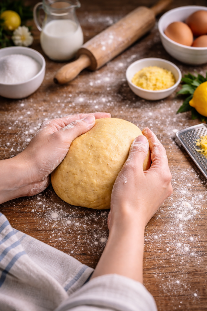 masa de masa quebrada trabajada a mano sobre superficie enharinada