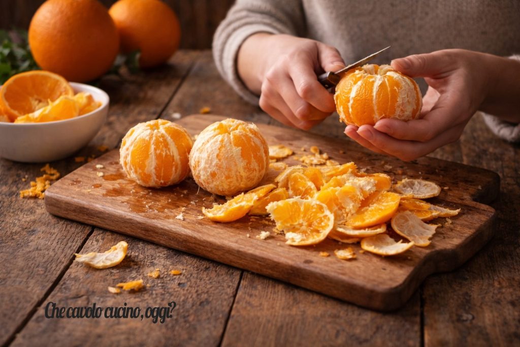 Naranjas peladas al vivo sobre tabla durante la preparación de la tarta de naranja