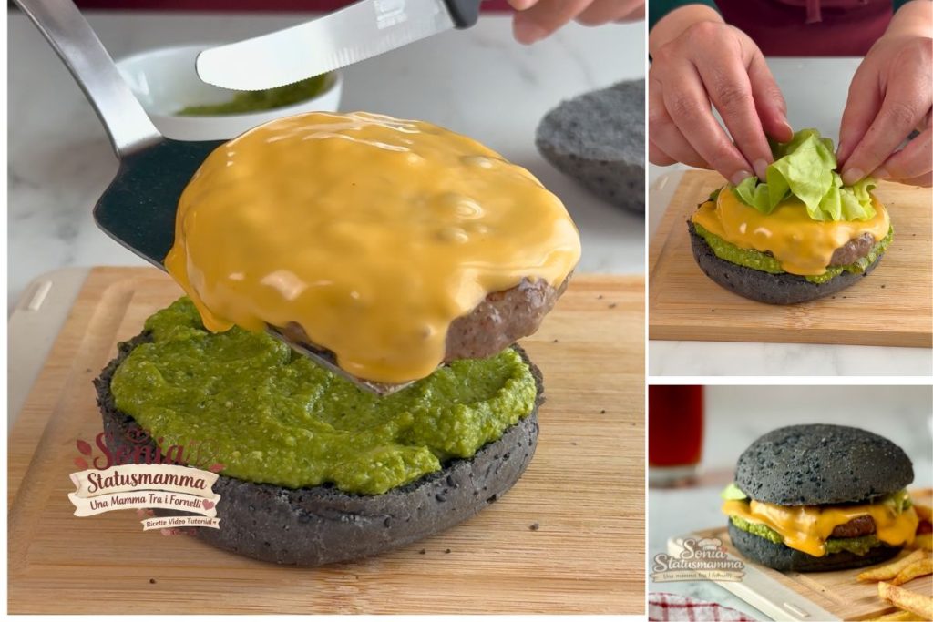 Pan de hamburguesa negro vegetal con carne de scottona y cheddar cocinado