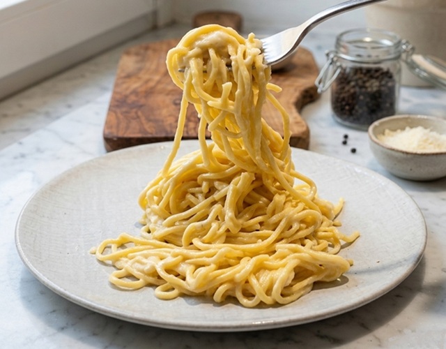 Pasta con crema de Parmigiano: receta rápida y cremosa (con o sin nata)