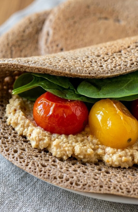 piadinas de trigo sarraceno con tomatitos y hummus