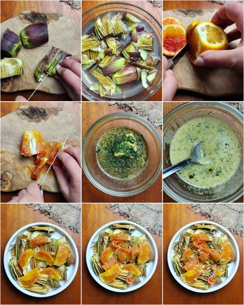 preparación de la ensalada de alcachofas con salmón ahumado