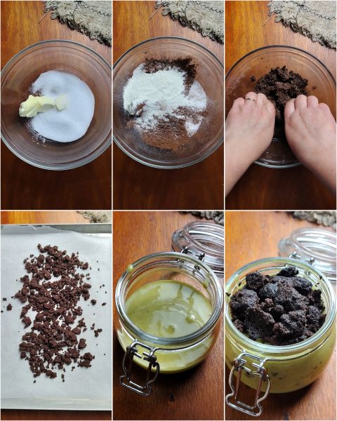 preparación del cremoso de pistacho con crumble de cacao