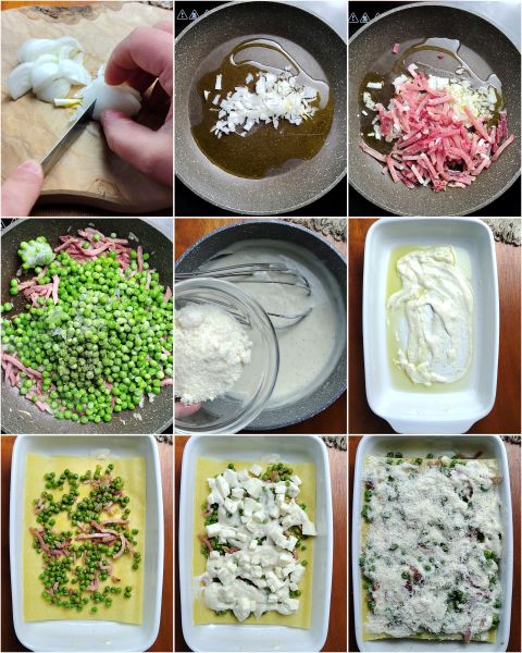 preparación lasañas jamón y guisantes