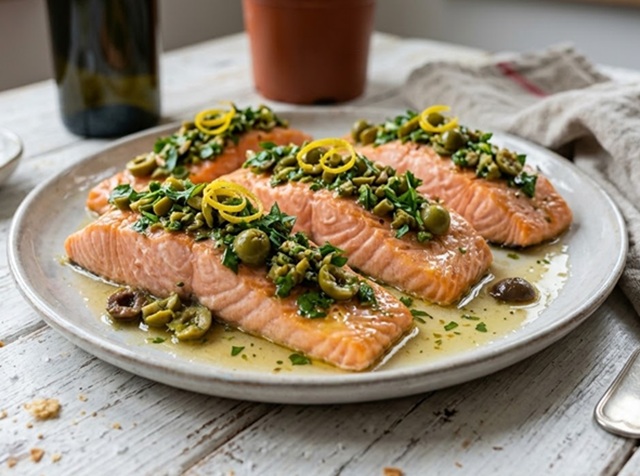 SALMÓN AL HORNO CON ACEITUNAS