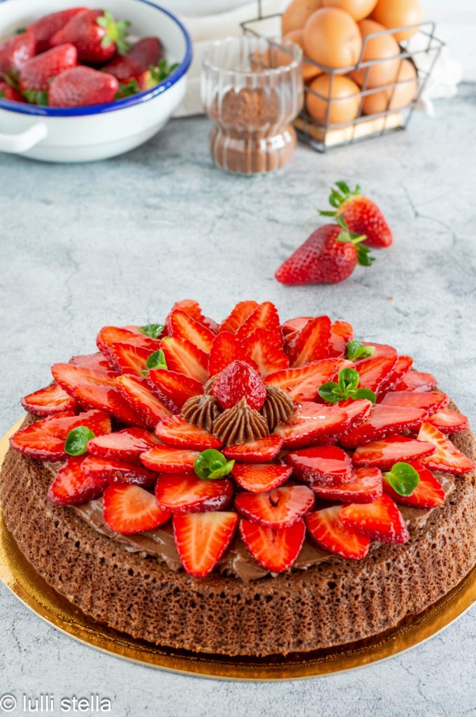 Tarta blanda de cacao sin gluten con crema de chocolate y fresas frescas brillantes en la superficie