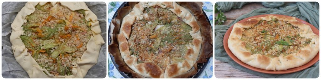 Torta salgada de massa folhada com flores de abobrinha