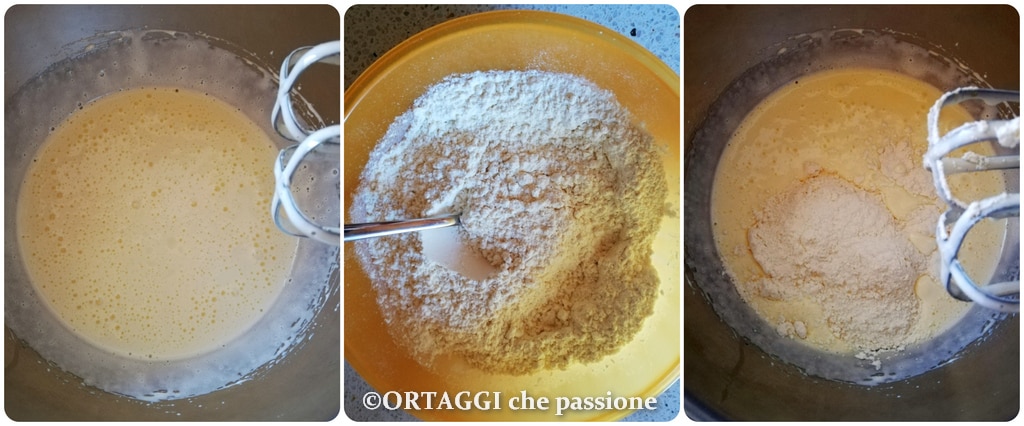 bater ovos e açúcar - adicionar metade da farinha peneirada