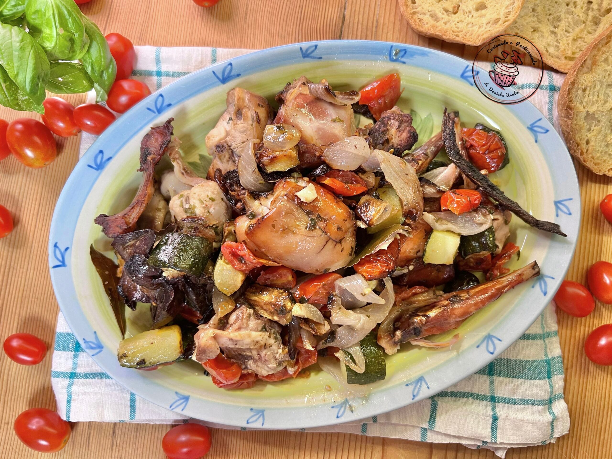 Coelho marinado com legumes cozidos na fritadeira sem óleo