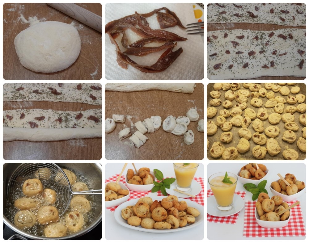 Crispelline de aperitivo com anchovas e orégano