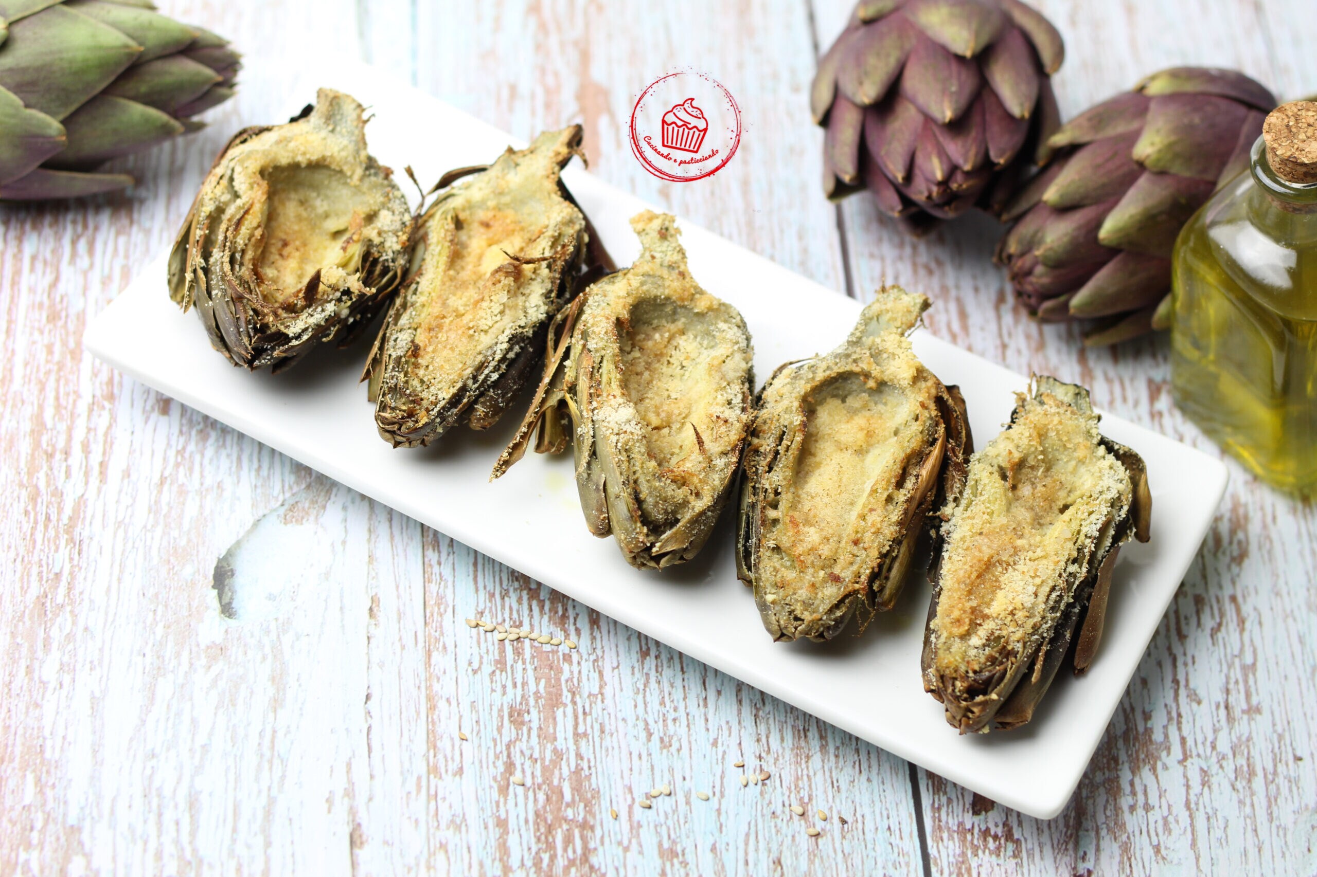 Alcachofras gratinadas na fritadeira a ar