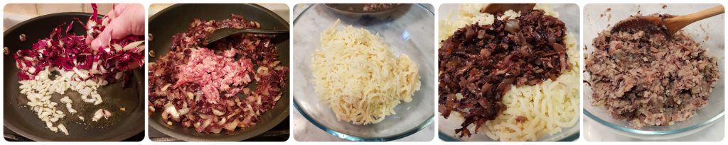 triângulos recheados com radicchio, batatas e speck