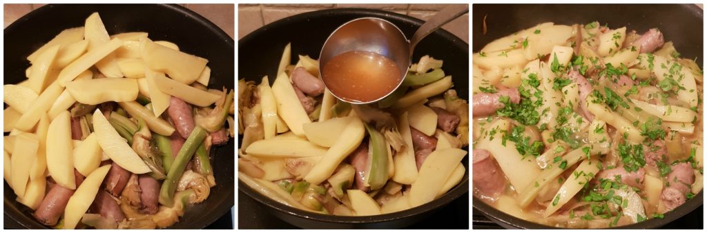 batatas, alcachofras e salsicha