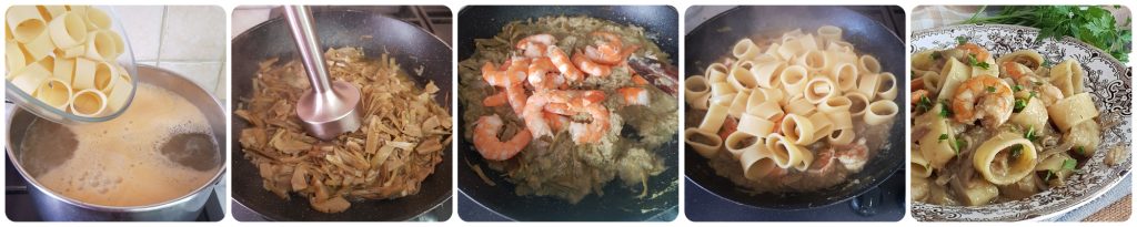massa com alcachofras e camarões