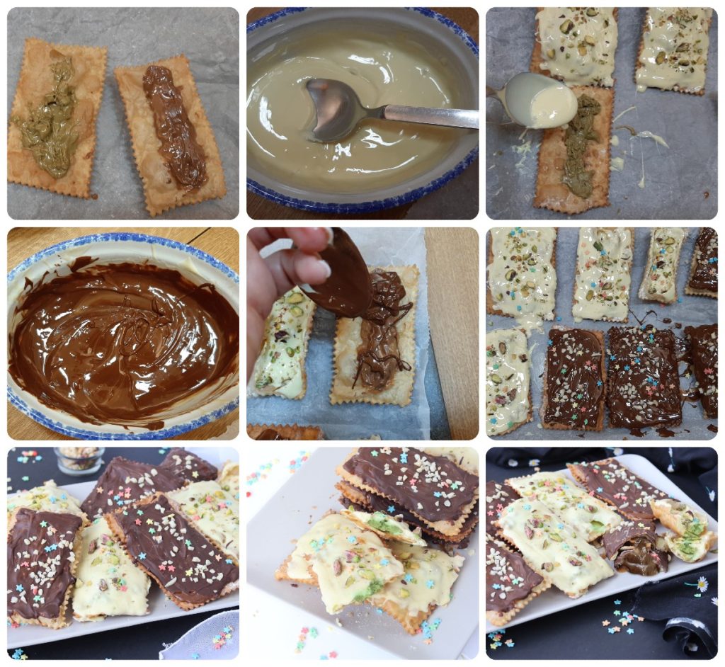 chiacchiere mistas com creme de pistache e avelã cobertas de chocolate