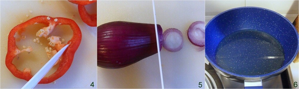 Cortar a cebola de Tropea para a receita de pipi e patatas