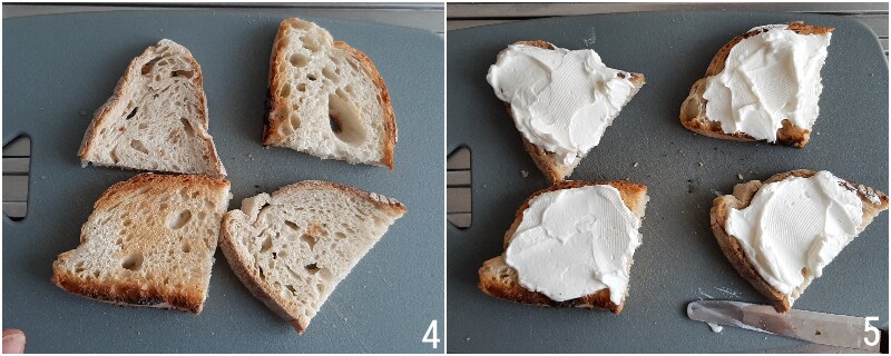 B. torrar o pão para as bruschettas e adicionar o queijo cremoso