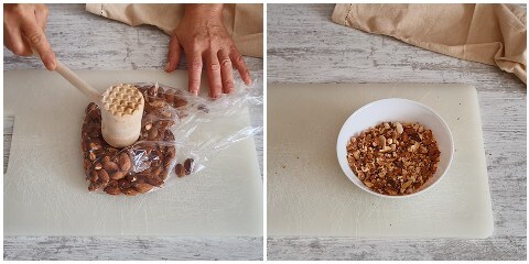 triture as amêndoas com um batedor de carne