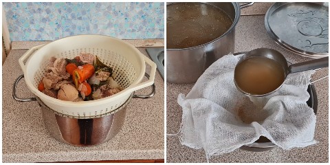 filtre o caldo de carne com uma gaze