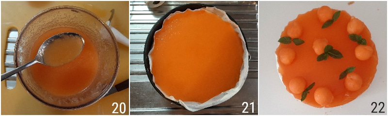 F. decorar a torta gelada de melão e iogurte com bolinhas de melão e hortelã