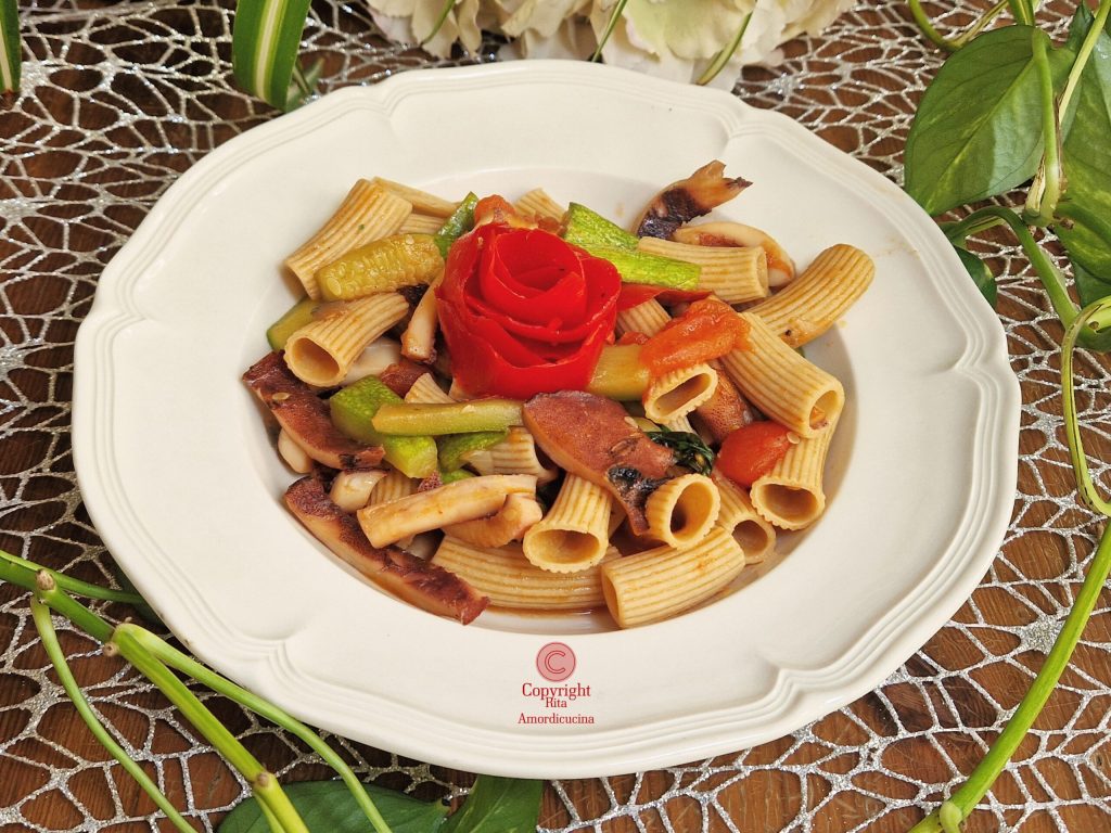 massa com Lulas com legumes salteados