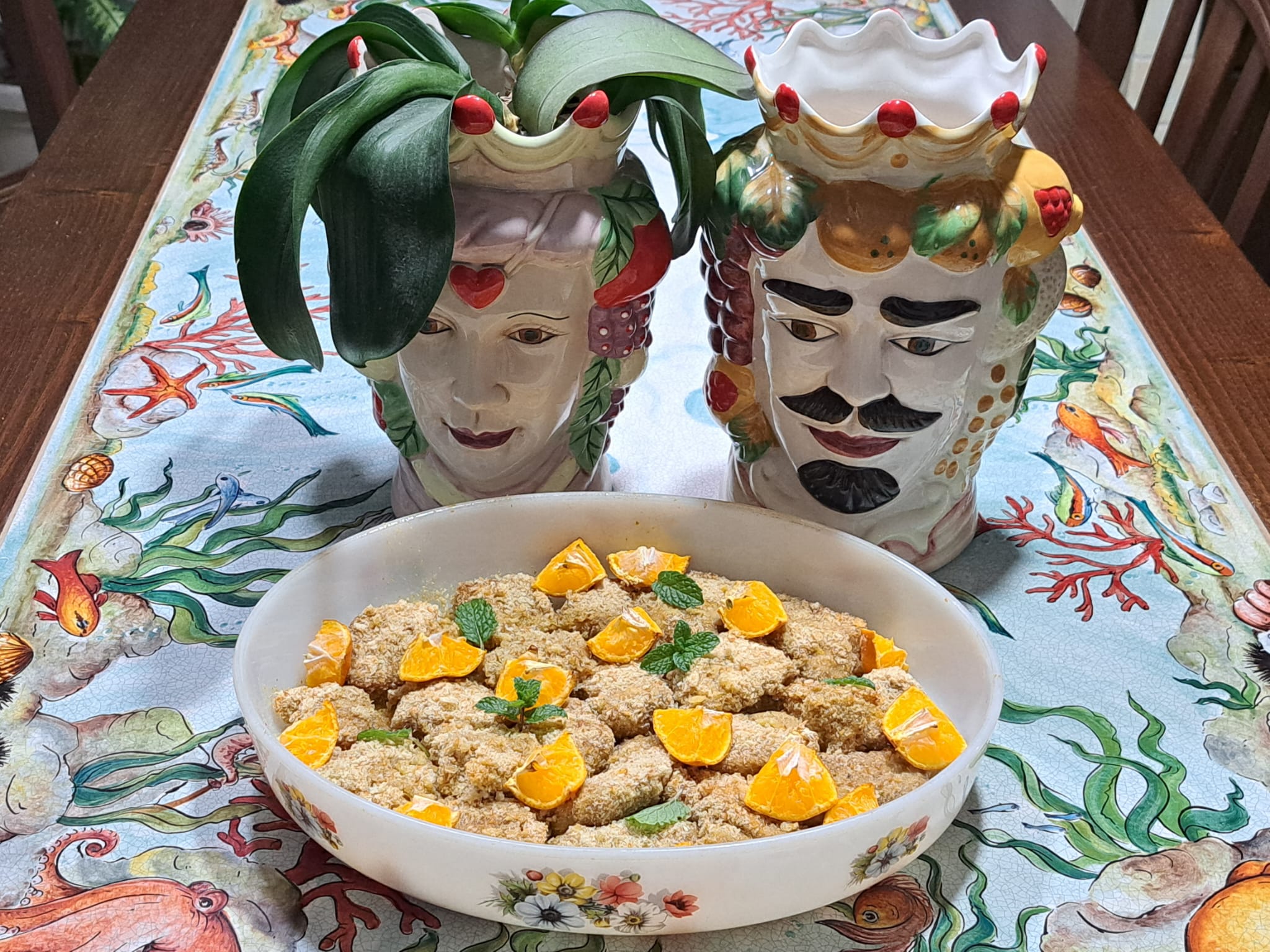 Atum gratinado com farofa de tangerina