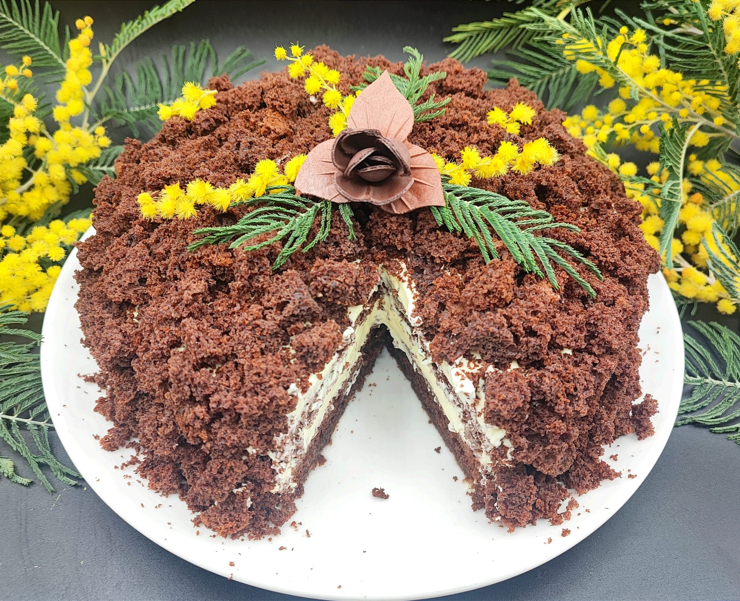 Bolo mimosa de chocolate com creme chantilly