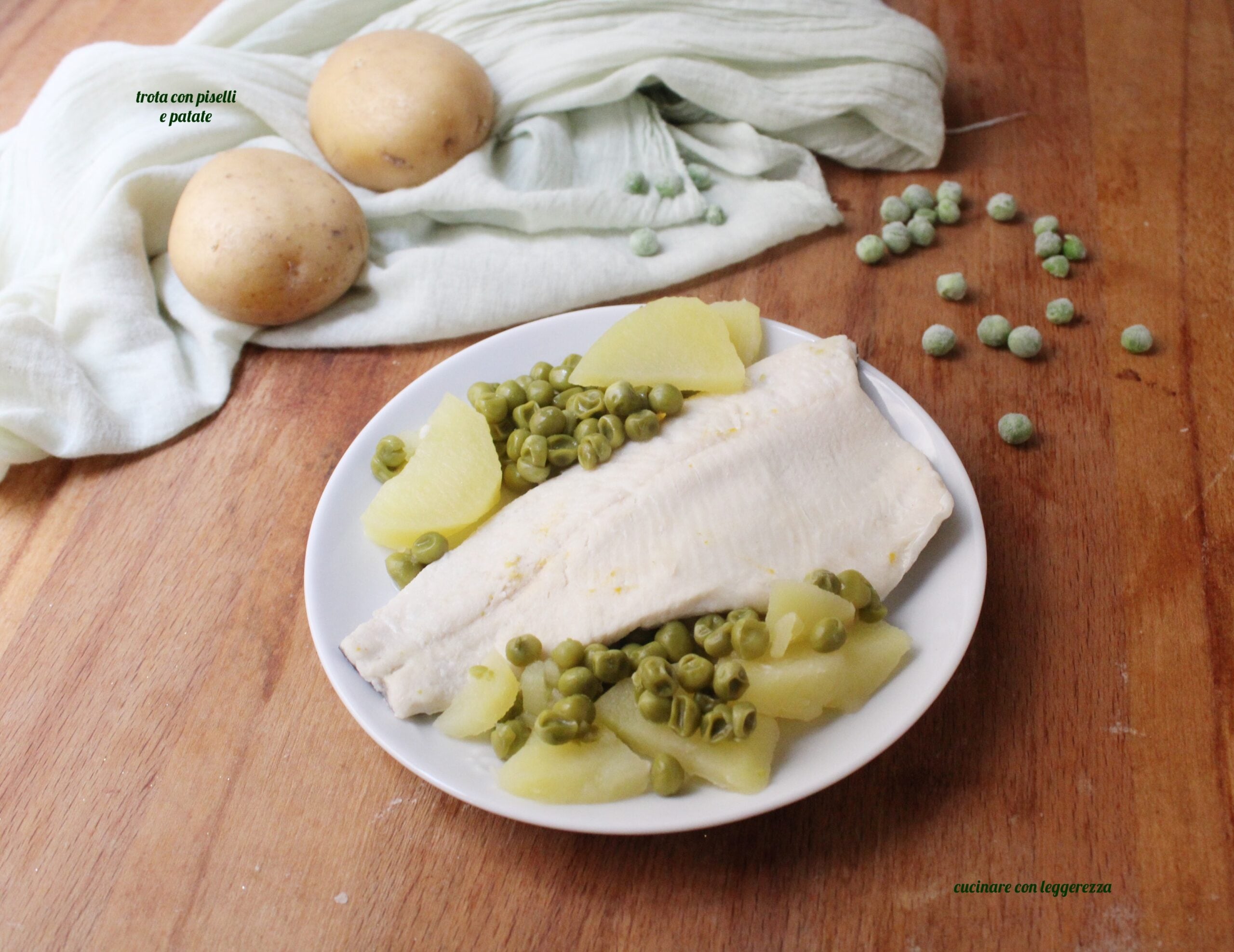 Truta com ervilhas e batatas