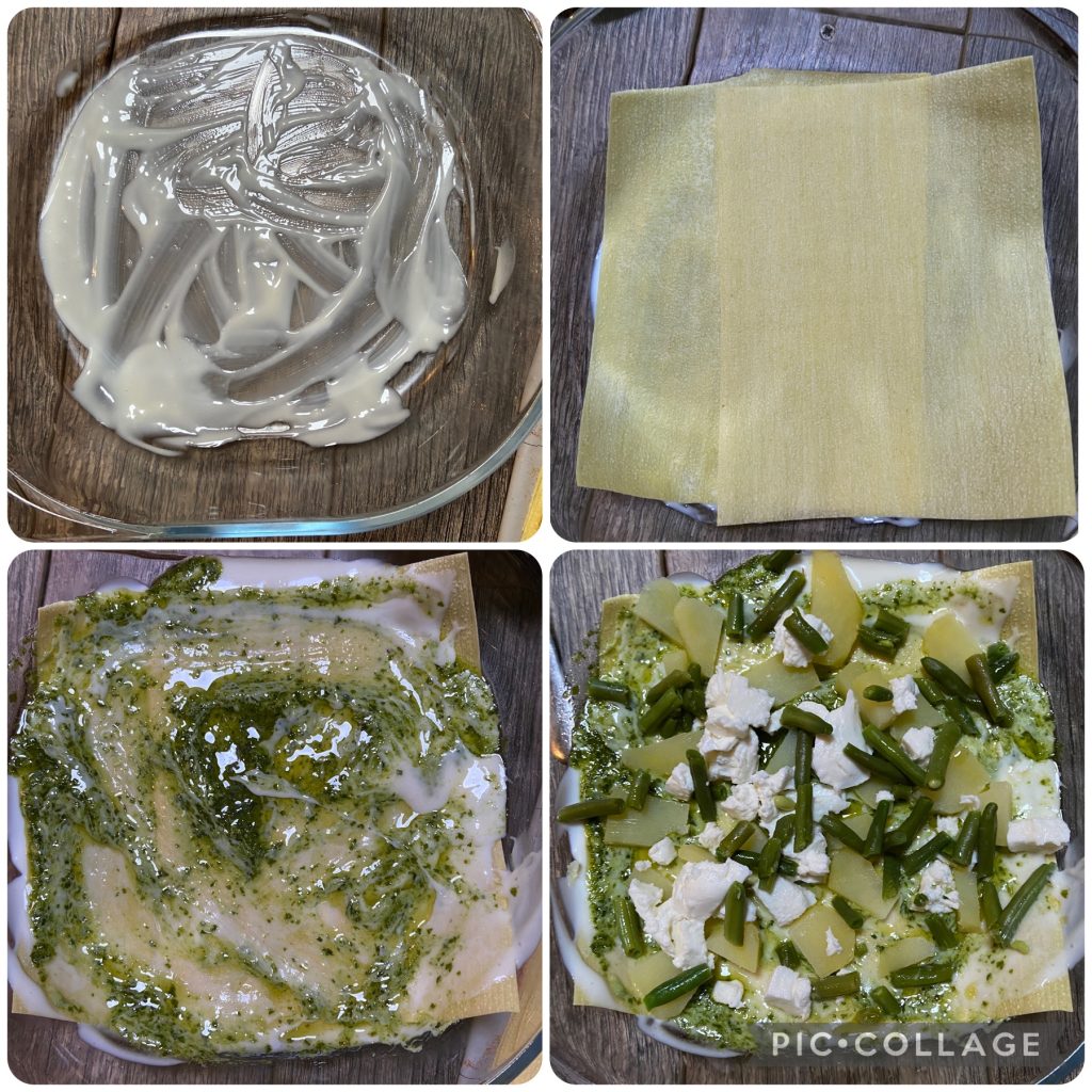 Lasanha ao pesto com batatas e vagens