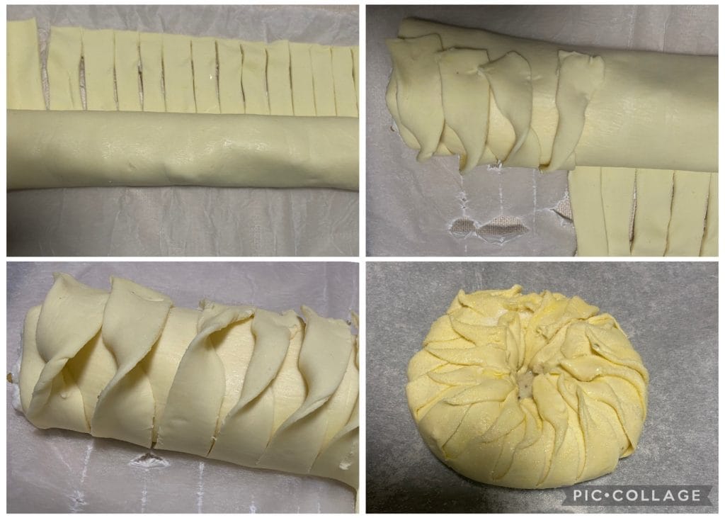 bolo de massa folhada com peras e gorgonzola