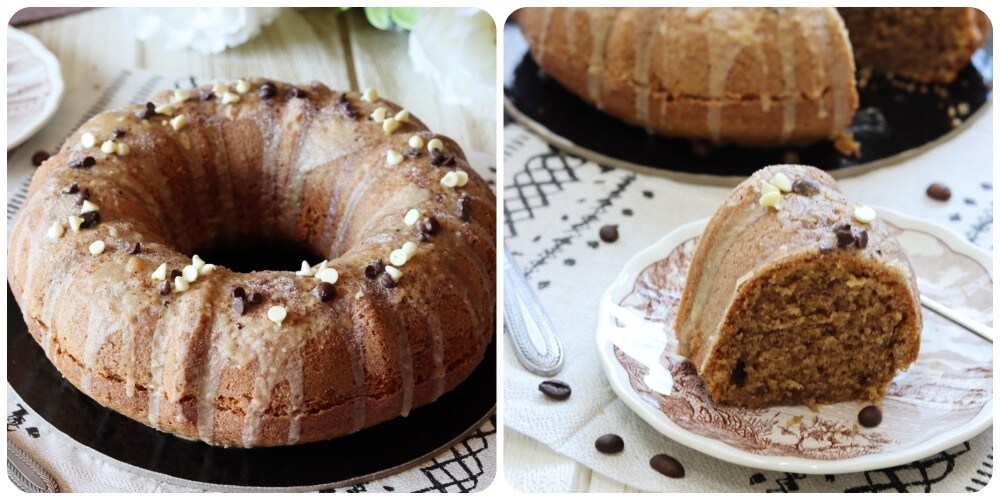 bolo de café com cobertura e gotas de chocolate