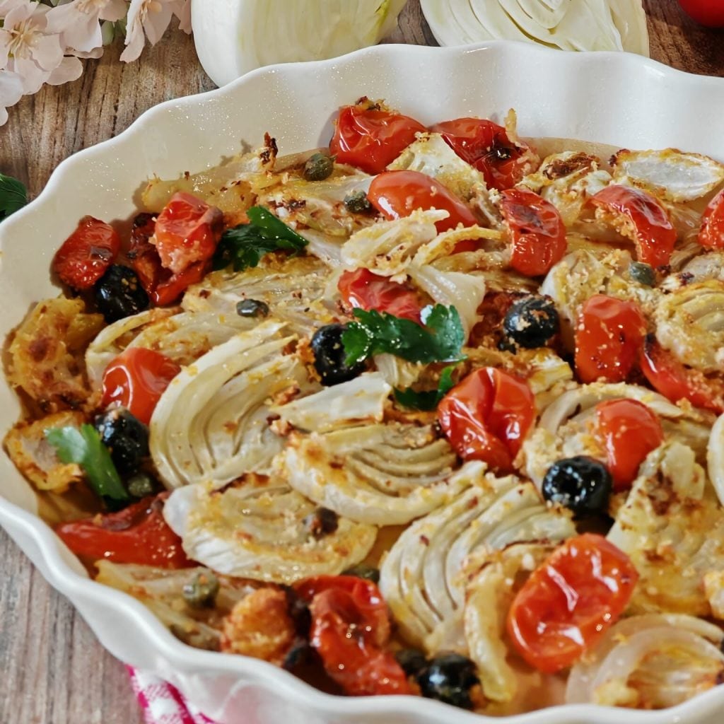 Funcho gratinado à mediterrânea