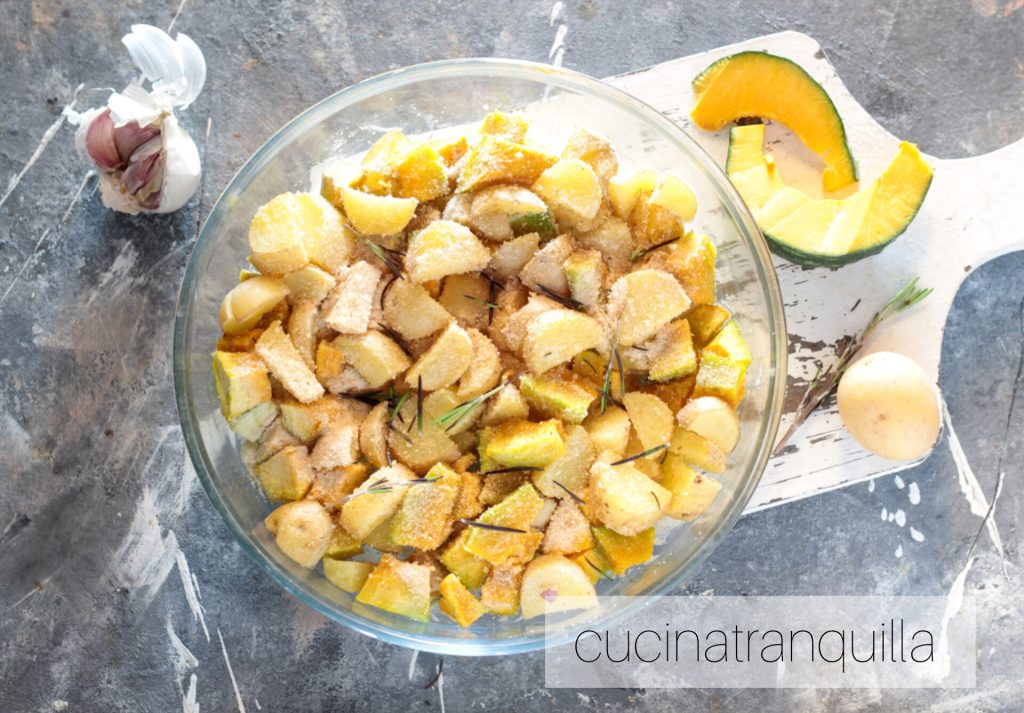 Abóbora e batatas gratinadas no micro-ondas