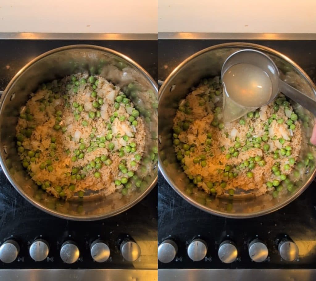 Risoto Primavera com Ervilhas Frescas e Presunto Crocante