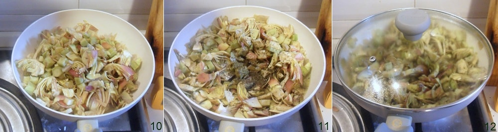 cozinhar as alcachofras na frigideira para a lasanha