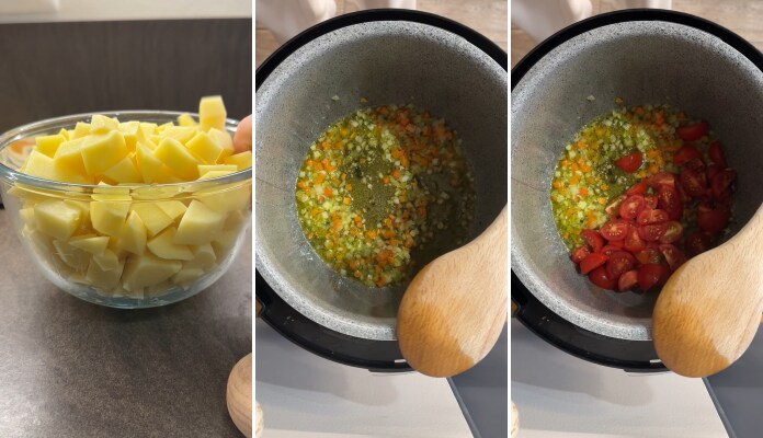 Macarrão e batatas no multicooker