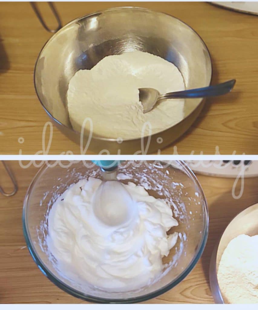 Tigelas com massa de cacau, chocolate derretido e claras em neve