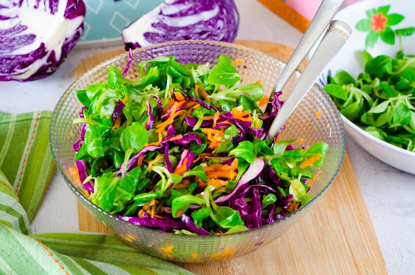 Salada de alface-de-cordeiro, repolho roxo e cenouras, saudável, saborosa e nutritiva