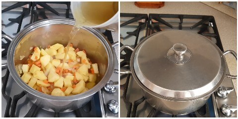despeje o caldo de legumes quente