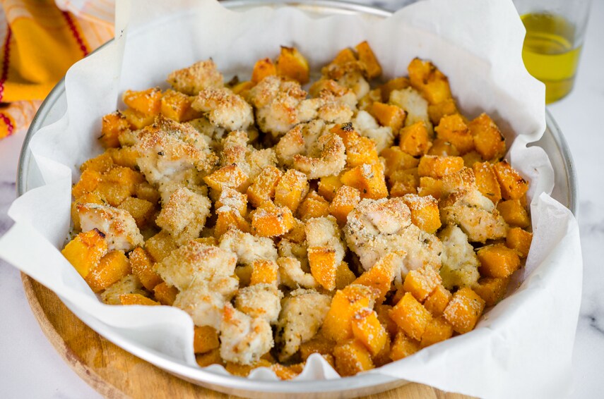 Tirinhas de frango com abóbora assada